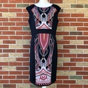 🌷 dressbarn Round Neck Sleeveless Print Blue Multicolor Sheath Dress